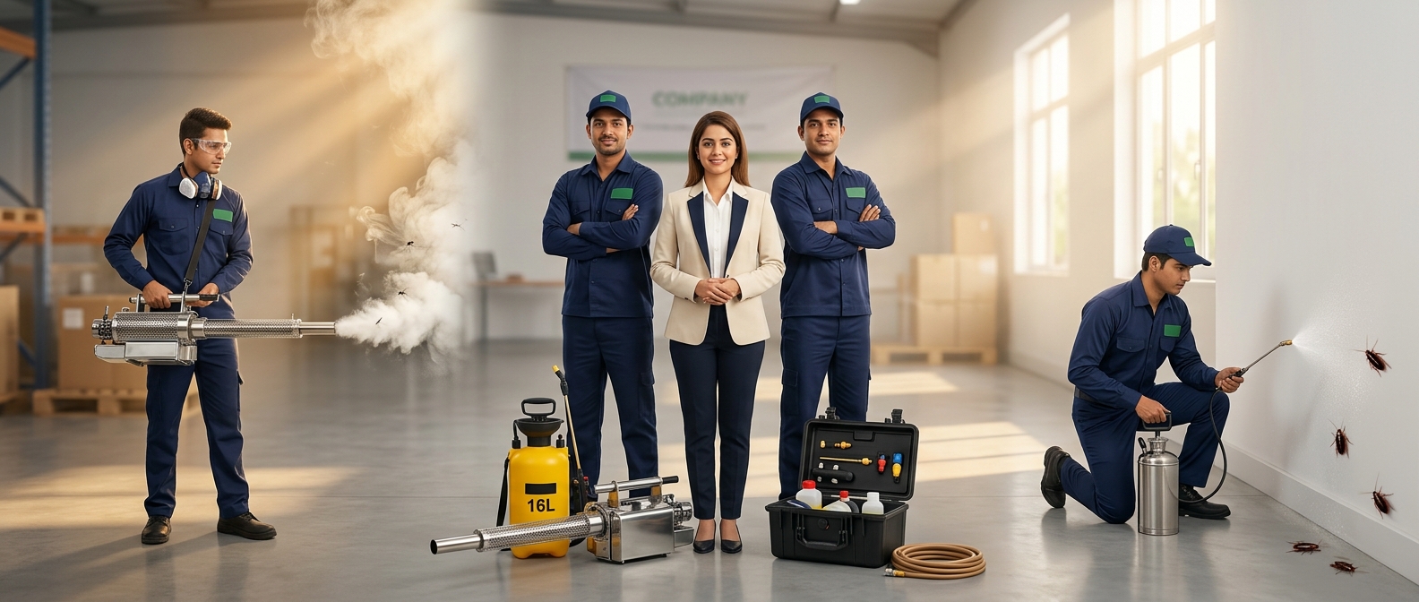 EntoRid pest control team in action — technicians fogging, spraying, and crew with equipment